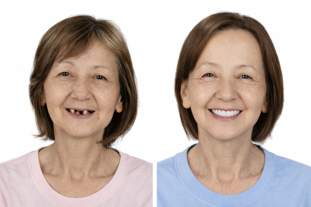 avant après sourire patiente traitement All-on-6 Portugal implants dentaires complets