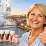 Femme souriante après traitement d’implants dentaires au Portugal avec dentiste en arrière-plan et vue sur Porto