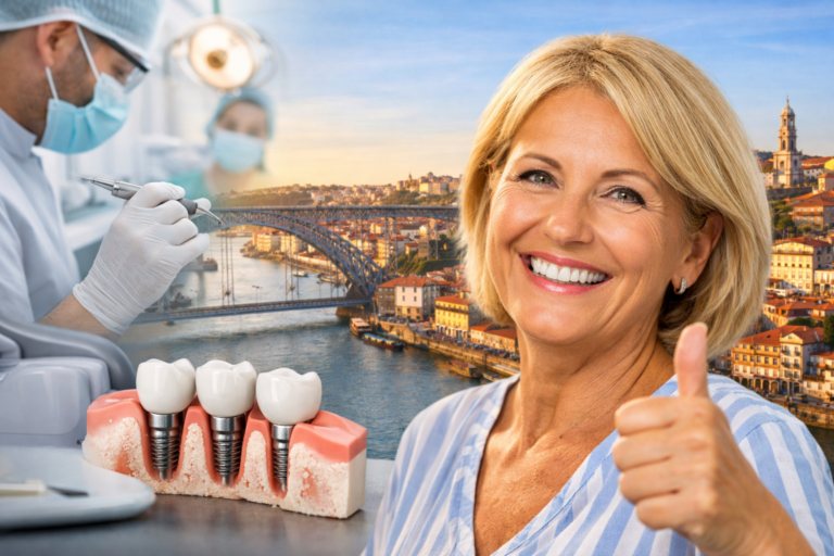 Femme souriante après traitement d’implants dentaires au Portugal avec dentiste en arrière-plan et vue sur Porto