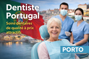 dentiste Portugal Porto patiente senior en clinique dentaire avec équipe médicale