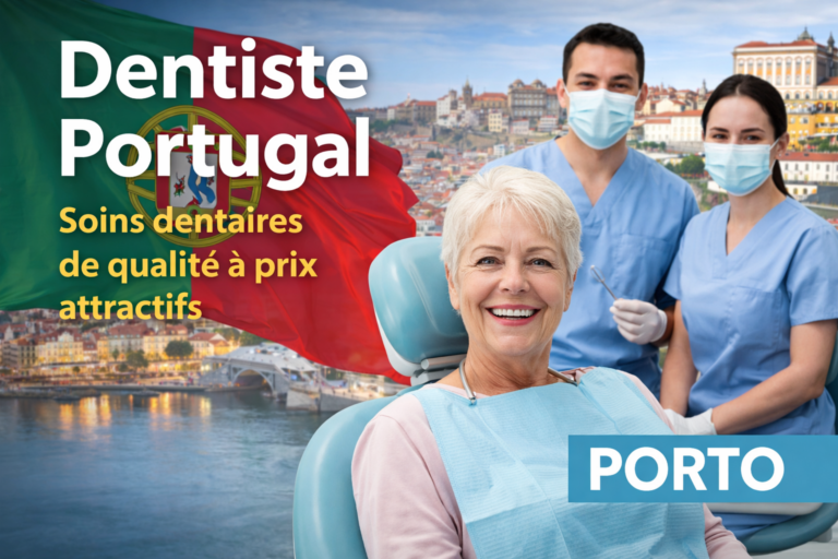 dentiste Portugal Porto patiente senior en clinique dentaire avec équipe médicale