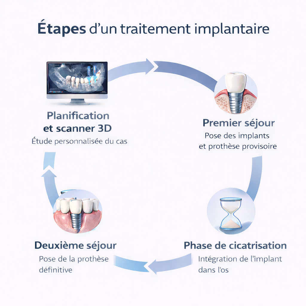 étapes d’un traitement implantaire au Portugal avec planification scanner 3D premier séjour cicatrisation et deuxième séjour