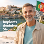 Implants dentaires Straumann au Portugal à Porto avec patient senior souriant après traitement
