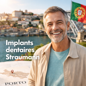 Implants dentaires Straumann au Portugal à Porto avec patient senior souriant après traitement