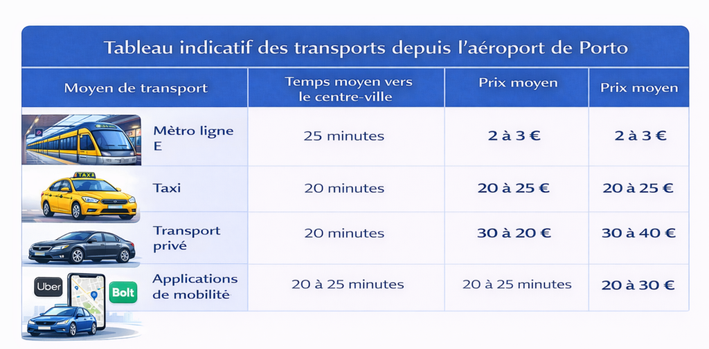 transports aeroport porto vers centre ville metro taxi uber temps prix
