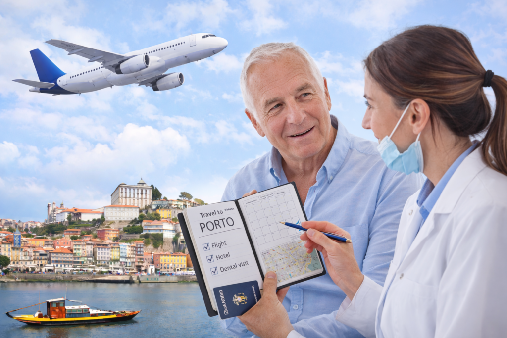 patient et dentiste organisant un voyage dentaire à Porto avec avion et ville de Porto en arrière-plan