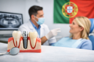 modèle implant dentaire en clinique au Portugal avec patient en consultation